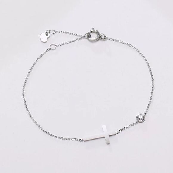 Silver Sideways Cross Bracelet Cubic Zircon Charm - Picture 2 of 5